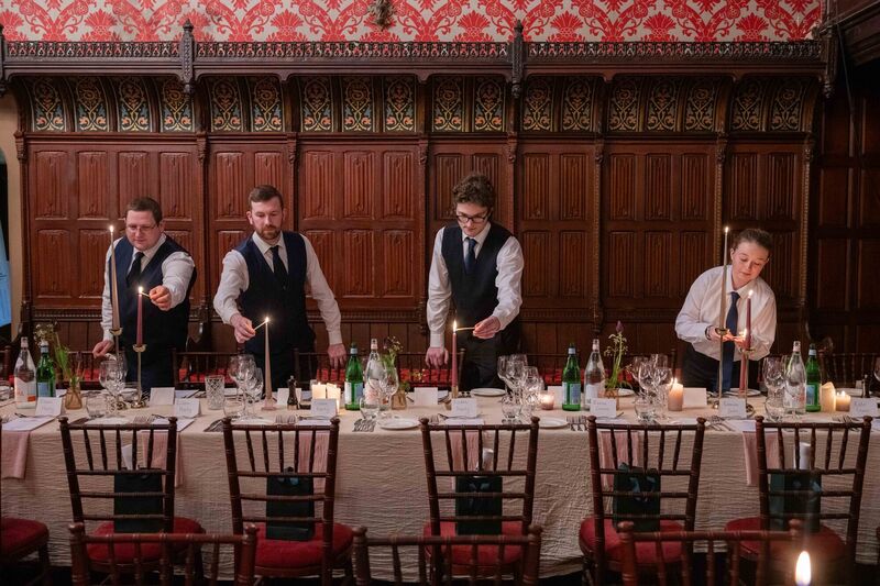  Lismore Castle team Patrick Nevan, Jake Coleman, Tadgh Glavin, and Holly McNamara preparing the dining hall for Elegance at the Castle Picture: Joleen Cronin.