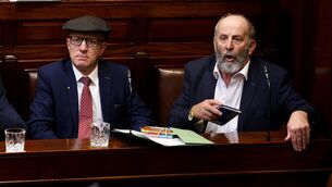 <p>Brothers and Independent TDs for Kerry Michael Healy Rae and Danny Healy Rae in Dáil Éireann on April 9 2024 after the nomination of Simon Harris as then taoiseach. Picture: Maxwell's </p>