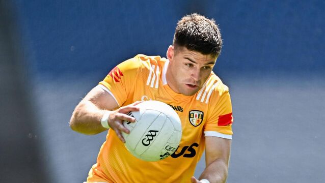 <p>Patrick McBride during the Tailteann Cup semi-final match between Antrim and Laois at Croke Park. Pic: Piaras Ã MÃ­dheach/Sportsfile</p>