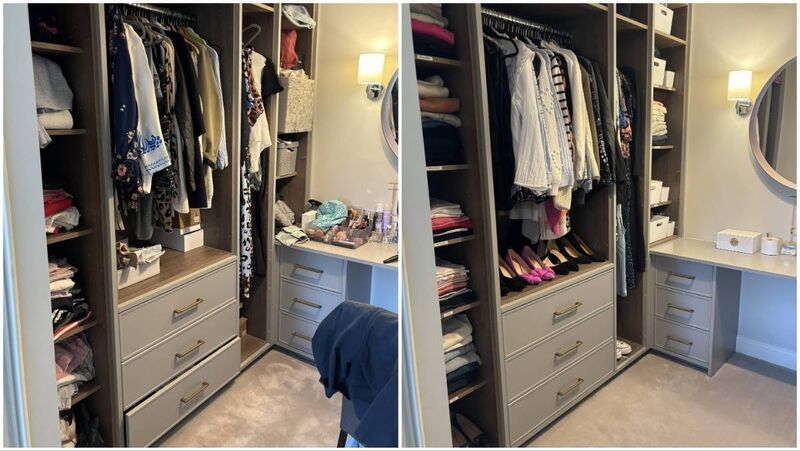 Before and after pictures of aa wardrobe space Jenny organised.