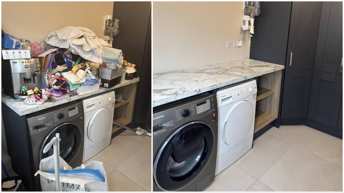 A utility room, before and after. A utility room, before and after.