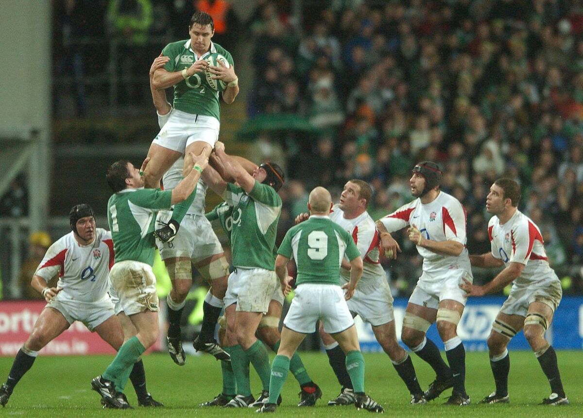 Ireland's David Wallace wins a line-out against England at Croke Park on February 23, 2007. Irish Examiner Archive picture: Des Barry
