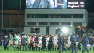 <p>The Ireland and England teams at the end of their game at Croke Park on February 23, 2007. The GAA displayed 'typical Gaelic sporting ecumenism' to allow soccer and rugby to be played on the hallowed turf. Irish Examiner Archive picture: Des Barry</p>