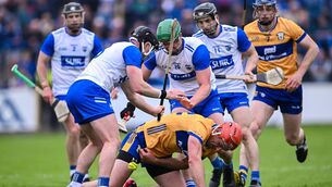 <p>Peter Duggan of Clare is sorrounded during last season's Munster SHC clash with Waterford at Walsh Park. Photo by Piaras Ó Mídheach/Sportsfile</p>