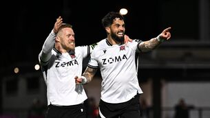 <p>DOUBLE DELIGHT: Declan McDaid of Dundalk celebrates his brace. Pic: Ben McShane/Sportsfile.</p>