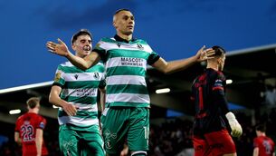 <p>Shamrock Rovers’ Graham Burke celebrates scoring from a penalty. Pic: ©INPHO/Ryan Byrne.</p>
