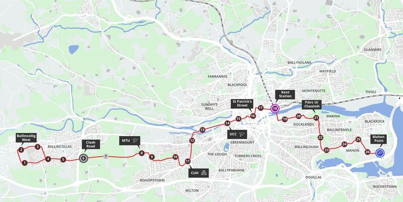 On Friday, TII unveiled the preferred route for Cork City's Luas light rail system, with up to 27 stops between Ballincollig and Mahon Point. Picture: TII/PA