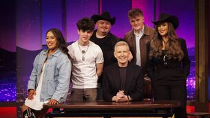 <p>Patrick Kielty with Late Late Show Opening Act finalists Caitlin Mackin, Jesse Sludds, Ryan Phoenix, Paddy Treacy and Keli-Ann Corcoran of Midnight in Vegas. Picture: Andres Poveda</p>