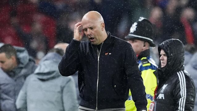 <p>Liverpool manager Arne Slot reacts on the touchline during Liverpool’s loss to Paris St Germain (Peter Byrne/PA)</p>