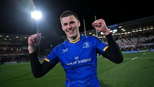 <p>BRIGHT LIGHT: Sam Prendergast after the United Rugby Championship match between Ulster and Leinster at Affidea Stadium in Belfast. Pic: Ramsey Cardy/Sportsfile.</p>