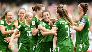 <p>GOAL-LAND: Marissa Sheva celebrates with team-mates after scoring the winner. Pic: Stephen McCarthy/Sportsfile</p>