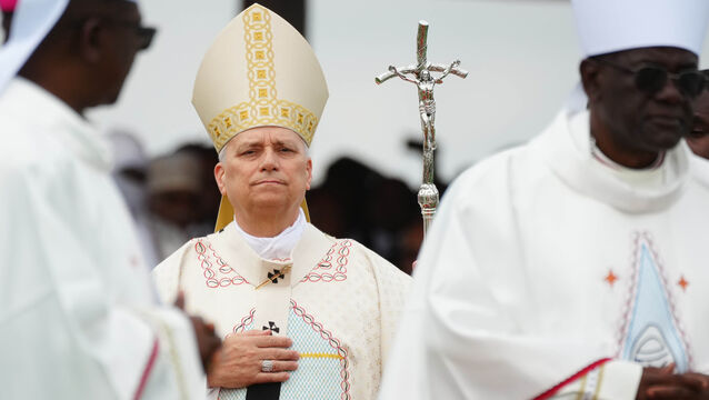 <p>Pope Leo XIV arrives in procession to celebrate Mass at Yaounde Ville Airport, Cameroon. Picture: Andrew Medichini/AP</p>