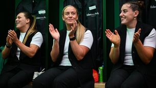 <p>Ireland players, from left, Béibhinn Parsons, Stacey Flood and Katie Whelan, sing along with team-mate Robyn O'Connor, not pictured, after being presented with her first international cap in the Women's Six Nations Rugby Championship match between Ireland and Italy at Dexcom Stadium in Galway. Photo by Shauna Clinton/Sportsfile</p>