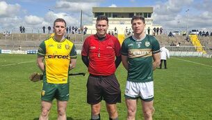 <p>Donegal skipper Gerard Gilmore, who finished with 0-13, before Sunday's Christy Ring Cup clash in Tralee with his Kerry counterpart James O'Connor and match referee Nicholas O'Toole from Waterford. Pic: Kerry GAA </p>