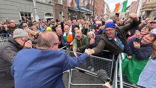 <p>Independent Ireland TD Michael Collins shakes hands with fuel protest spokesman James Geoghegan outside Leinster House, Dublin, where protesters gathered last Tuesday. Picture: Niall Carson/PA</p>