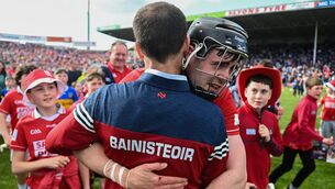 <p>WINNING FEELING: Cork manager Ben O'Connor celebrates with Darragh Fitzgibbon. Pic: Daire Brennan/Sportsfile.</p>