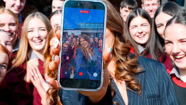 <p>Kasey Campion with students of Presentation De La Salle College, Carlow, launching the HSE youth vaping and nicotine prevention campaign last month. Ms Campion's video was the most popular in the campaign, having been viewed 1.7m times. Picture: Aishling Conway/Photocall</p>