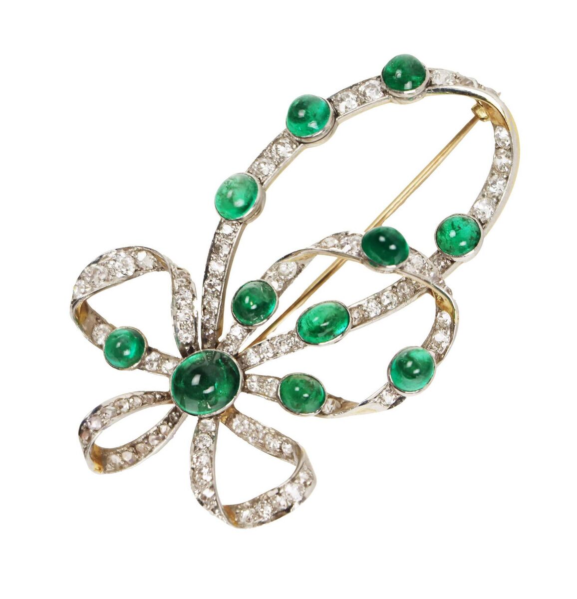 A bow brooch set with 11 Colombian emeralds at Fonsie Mealy.