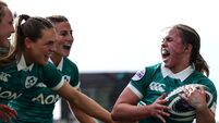 Robyn O’Connor celebrates with Aoife Dalton, Béibhinn Parsons and Emily Lane after she scores her sides 4th try of the match 18/