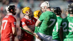 <p>ROUND 3: Tempers flare during the league final between Limerick's Kyle Hayes and Cork's Niall O'Leary. Pic: ©INPHO/Laszlo Geczo.</p>