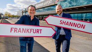 <p>Shannon Airport head of aviation development Declan Power and airport director Niall Kearns celebrate the start of the new Discover Airlines Shannon to Frankfurt route which takes off on Saturday April 25.</p>