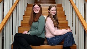 <p>Aifric Barron, Mount Mercy College and Charlotte Walmsley, Scoil Mhuire Cork, who were members of the Irish team at the 15th European Girls' Mathematical Olympiad, in Bordeaux, France, 2026, at MTU Cork School of Music on Union Quay, Cork. Picture: Jim Coughlan.</p>