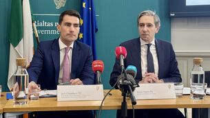<p>Public expenditure minister Jack Chambers and Tanaiste and finance minister Simon Harris. Picture: Bairbre Holmes/PA Wire</p>