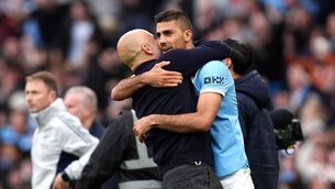 <p>Rodri was forced off during the second half of Manchester City's Premier League victory over Arsenal on Sunday. Pic: Martin Rickett/PA Wire.</p>