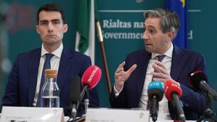 <p>Public expenditure Minister Jack Chambers and finance minister Simon Harris speaking to the media at the department of finance in Dublin about the Spring Economic Statement. Picture: Niall Carson/PA Wire</p>