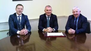 <p>SYS Financial chief executive Tony Delaney, centre, with directors of ODM Financial Advisers Kieran Hurley, left, and Dan Murphy. </p>