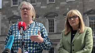 <p>Senators Alice-Mary Higgins and Frances Black speaking to the media outside Leinster House on Tuesday. Picture: Gráinne Ní Aodha/PA</p>
