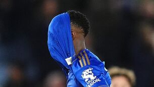 <p>Leicester City's Patson Daka react after defeat and resulting relegation.</p>
