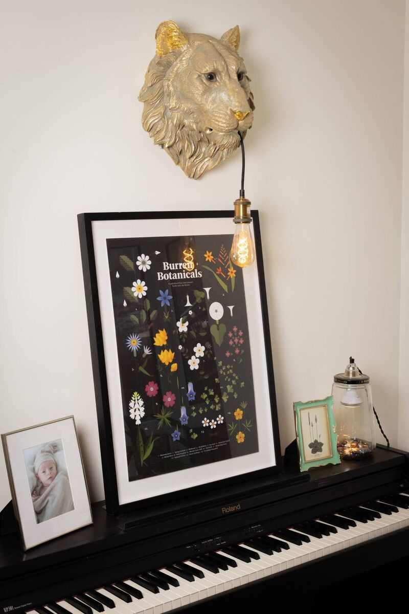 In the front room the eye is drawn to a keyboard with a large brass lion lamp presiding over it. Pictures: Emily Quinn