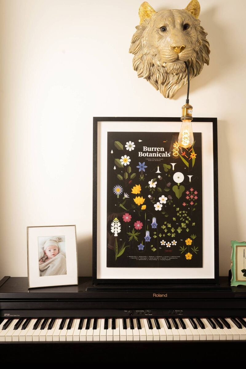 In the front room the eye is drawn to a keyboard with a large brass lion lamp presiding over it. Pictures: Emily Quinn