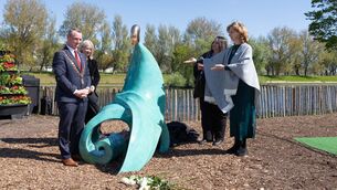 <p>(Left to right) Lord mayor of Cork Cllr Fergal Dennehy, Valerie O'Sullivan, chief executive of Cork City Council, Gerasko Larysa, ambassador of Ukraine to Ireland and Adi Roche, Chernobyl Children International at the unveiling of the ‘Chornobyl Mother’ sculpture in Cork's Marina Park to mark the 40th Anniversary of the Chornobyl Nuclear Disaster. Photo: Darragh Kane</p>