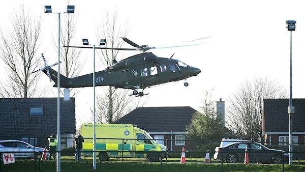 Irish Aer Corps Westland Augusta helicopter lifts off from Bishopstown GAA pitch after transferring a patient to an emergency ambulance for transfer to CUH. Picture: Larry Cummins