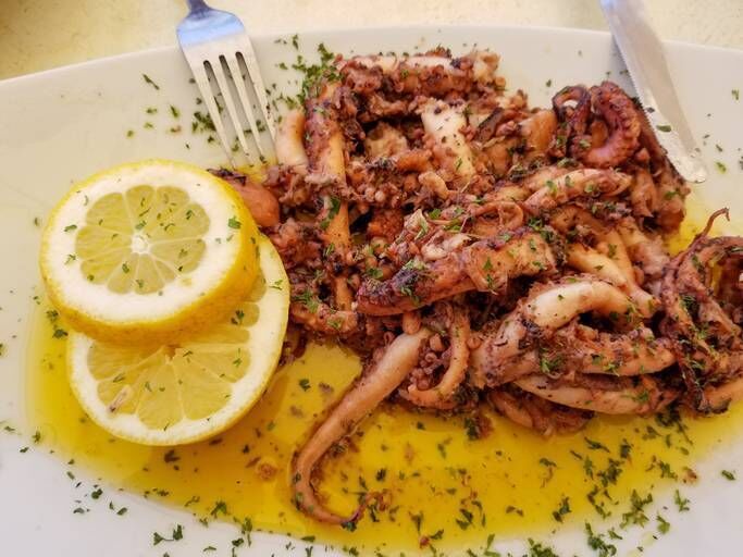 Fried Maltese octopus with lemon and local olive oil 