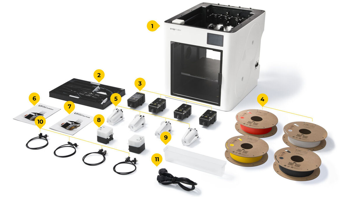 Everything that comes in the well-packaged Snapmaker U1 box. Picture: Snapmaker. Everything that comes in the well-packaged Snapmaker U1 box. Picture: Snapmaker.