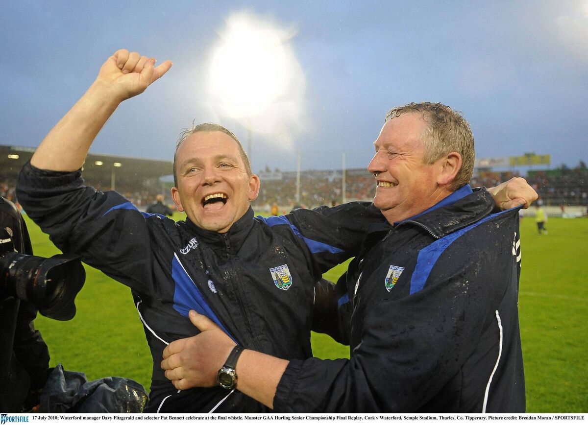 Former Waterford manager Davy Fitzgerald and selector Pat Bennett celebrate beating Cork in the 2010 Munster Hurling final replay. Picture: Brendan Moran/SPORTSFILE