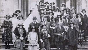 <p> Cumann na mBan with William T Cosgrave and members of the free state government on the Cork Courthouse steps in August 1923. Picture courtesy of the Cork Public Museum</p>