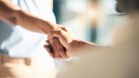 Handshake, hello and hands of people meeting for partnership or agreement together as a team with trust. Greeting, accept and th