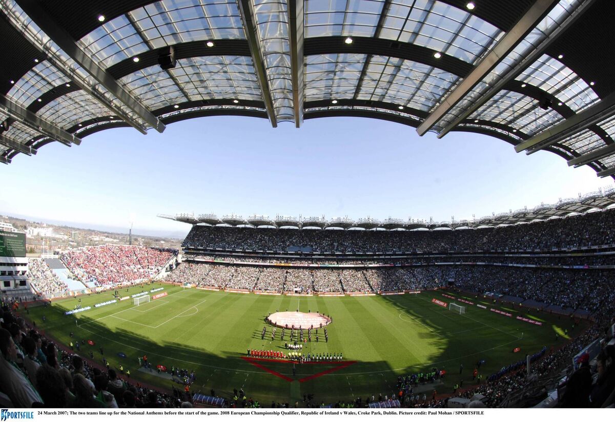 HISTORIC: The two teams line up for the National Anthems before the start of the 2008 European Championship Qualifier between Republic of Ireland v Wales at Croke Park Photo by Sportsfile 