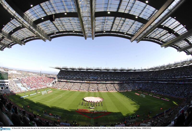 HISTORIC: The two teams line up for the National Anthems before the start of the 2008 European Championship Qualifier between Republic of Ireland v Wales at Croke Park Photo by Sportsfile 