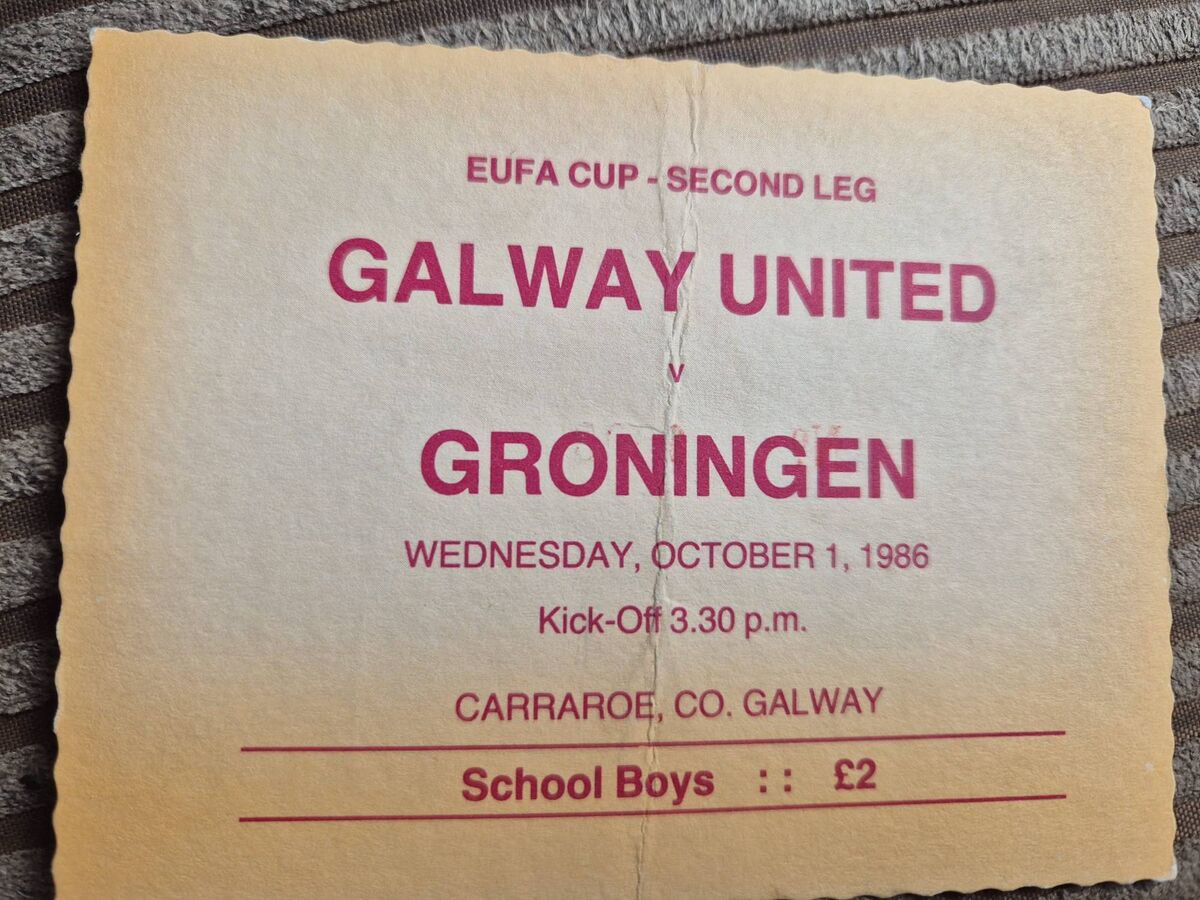 A ticket for Galway United v Groningen from 1986