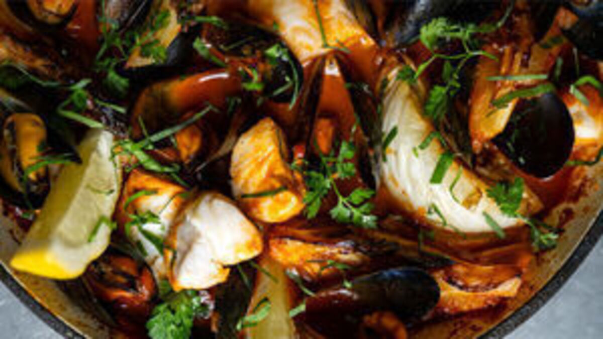Mussels, fennel, and hake stew