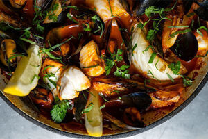Mussels, fennel, and hake stew