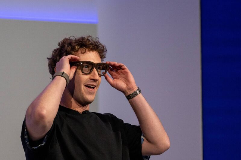 Mark Zuckerberg, chief executive officer of Meta Platforms Inc., wears a pair of Meta Ray-Ban Display AI glasses during the Meta Connect event in Menlo Park, California, US, on Wednesday, Sept. 17, 2025. Photographer: David Paul Morris/Bloomberg via Getty Images