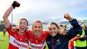<p>Cork players, from left, Abbie O'Mahony, Grace Murphy and Caoimhe Moore celebrate after the Lidl Ladies National Football League Division 1 final match between Cork and Galway at TUS Gaelic Grounds, Limerick. Photo by Sam Barnes/Sportsfile </p>