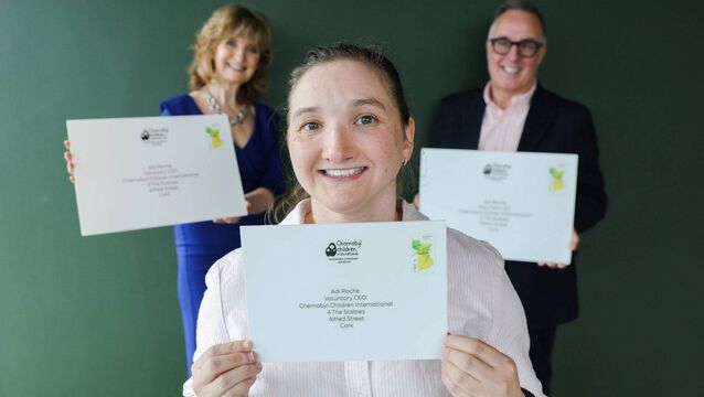 <p>At the unveiling of a special postmark for the 40th anniversary of the Chornobyl nuclear disaster in Ukraine is survivor, Raisa Carolan (centre) who was adopted by an Irish family as a young girl, with Adi Roche (left), voluntary CEO of Chornobyl Children International and David McRedmond (right), CEO of An Post. Photo: Maxwells</p>