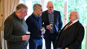 <p>ON THE MEND: President of Ireland Michael D Higgins with Kevin Sheedy, Chris Hughton and David Kelly of the Republic of Ireland squad from the Italia 1990. Pic: Stephen McCarthy/Sportsfile</p>